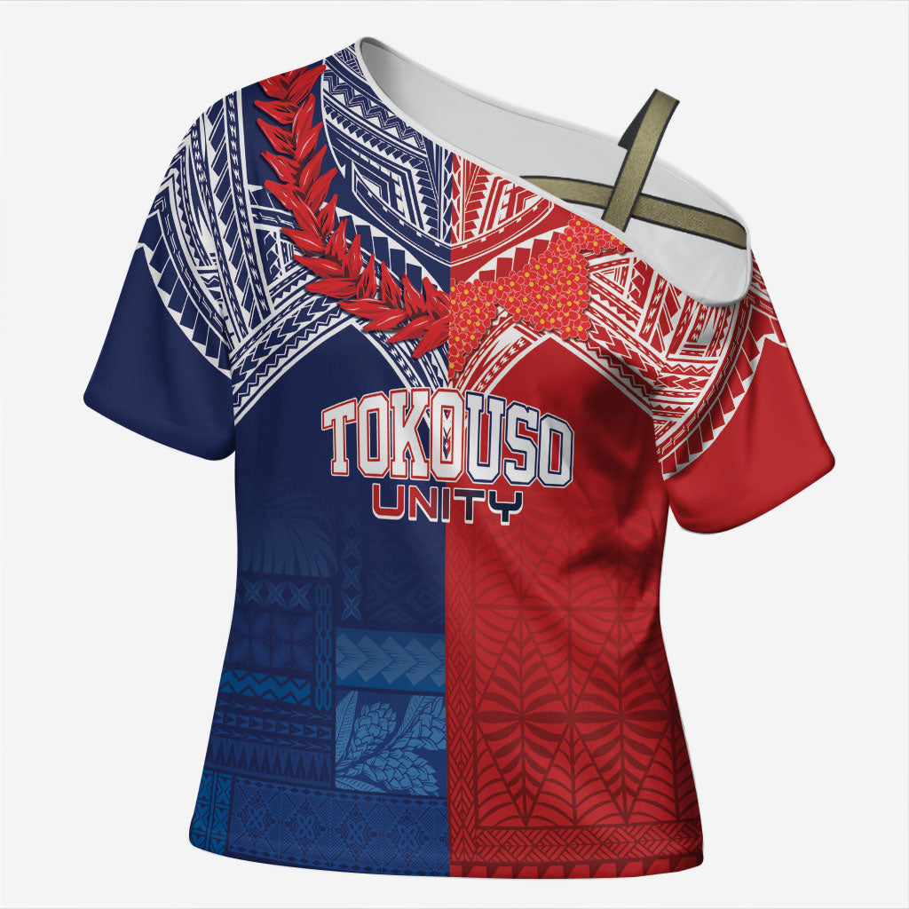 TokoUso Tonga Samoa Brothers Forever Custom Cross Shoulder Shirt Ulafala and Heilala Unity LT7 Female Red Blue - Polynesian Pride