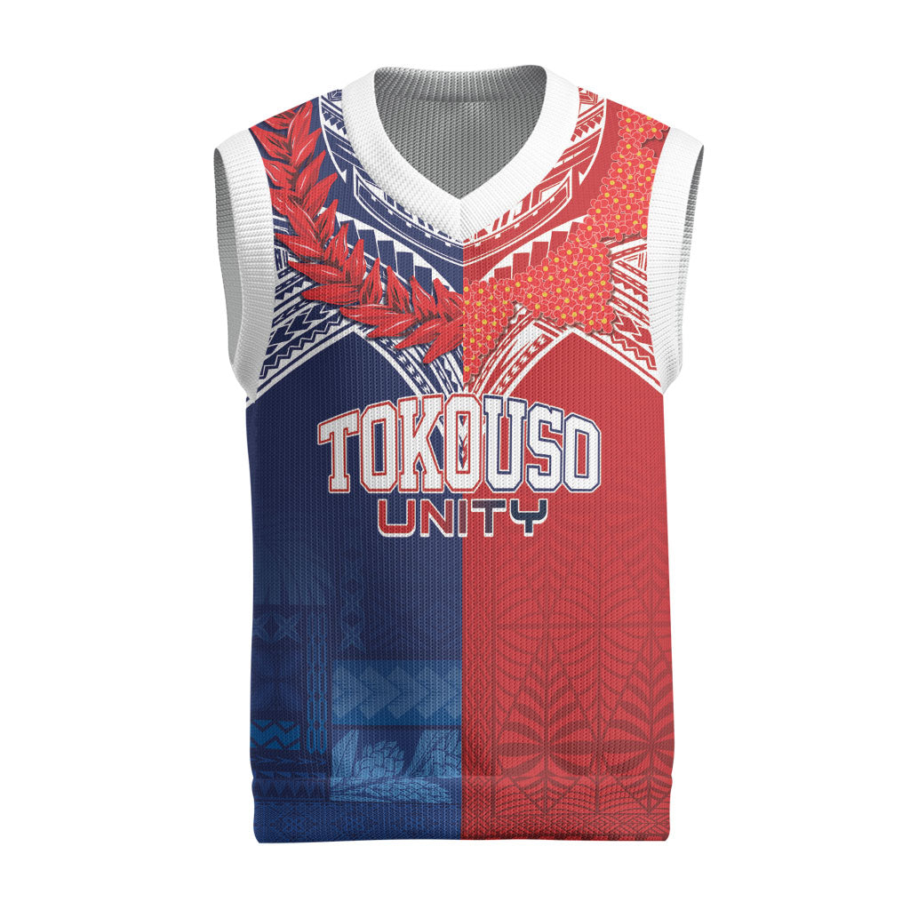 TokoUso Tonga Samoa Brothers Forever Custom Christmas Knitted V-Neck Vest Ulafala and Heilala Unity LT7 Red Blue - Polynesian Pride