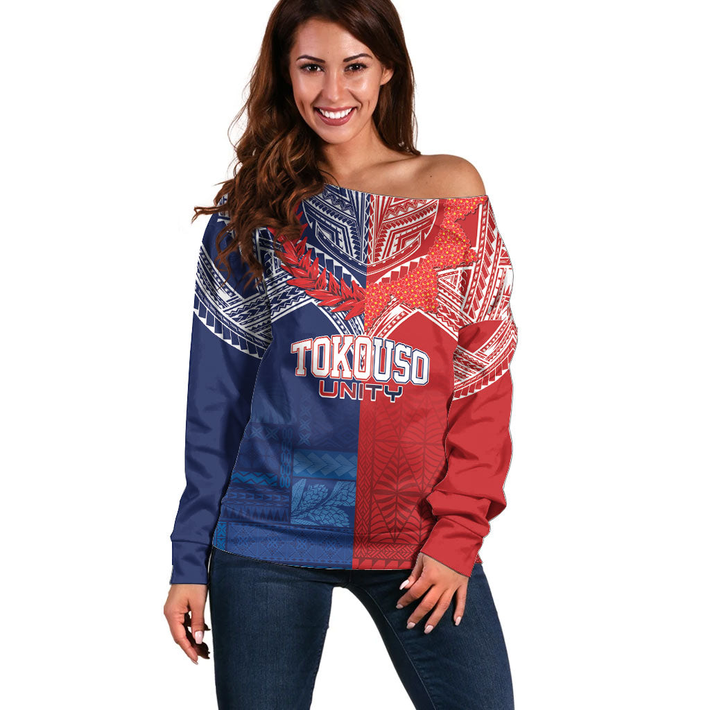 TokoUso Tonga Samoa Brothers Forever Custom Off Shoulder Sweater Ulafala and Heilala Unity LT7 Women Red Blue - Polynesian Pride