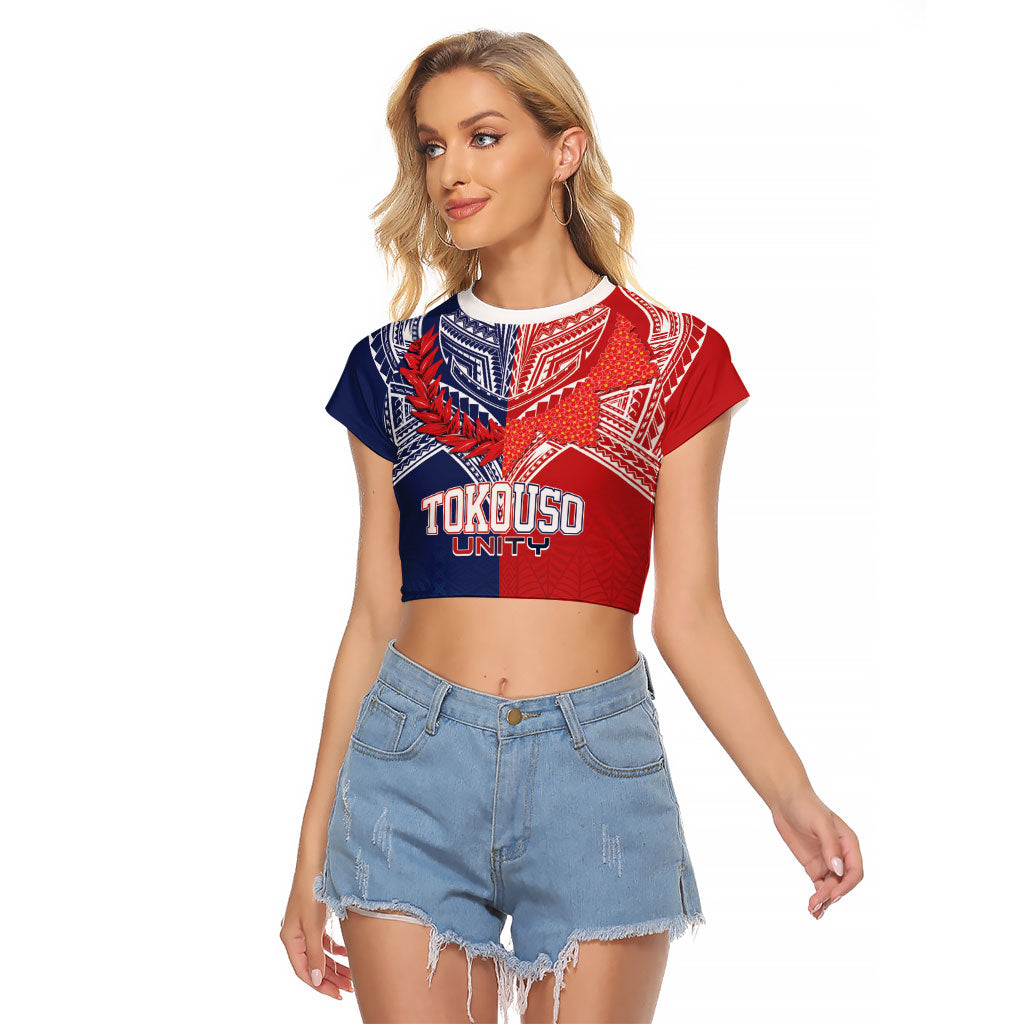 TokoUso Tonga Samoa Brothers Forever Custom Raglan Cropped T Shirt Ulafala and Heilala Unity LT7 Female Red Blue - Polynesian Pride