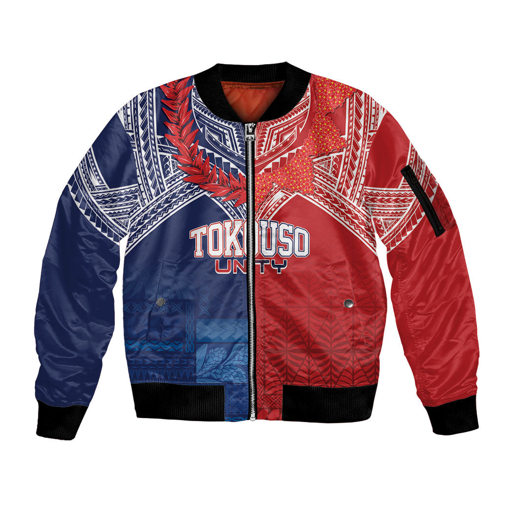 TokoUso Tonga Samoa Brothers Forever Custom Sleeve Zip Bomber Jacket Ulafala and Heilala Unity LT7 Unisex Red Blue - Polynesian Pride