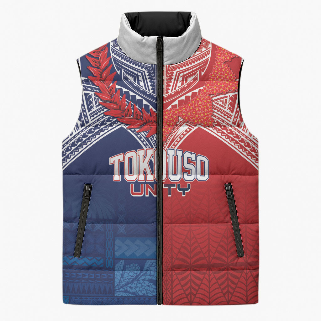 TokoUso Tonga Samoa Brothers Forever Custom Sleeveless Puffer Jacket Ulafala and Heilala Unity LT7 Unisex Red Blue - Polynesian Pride