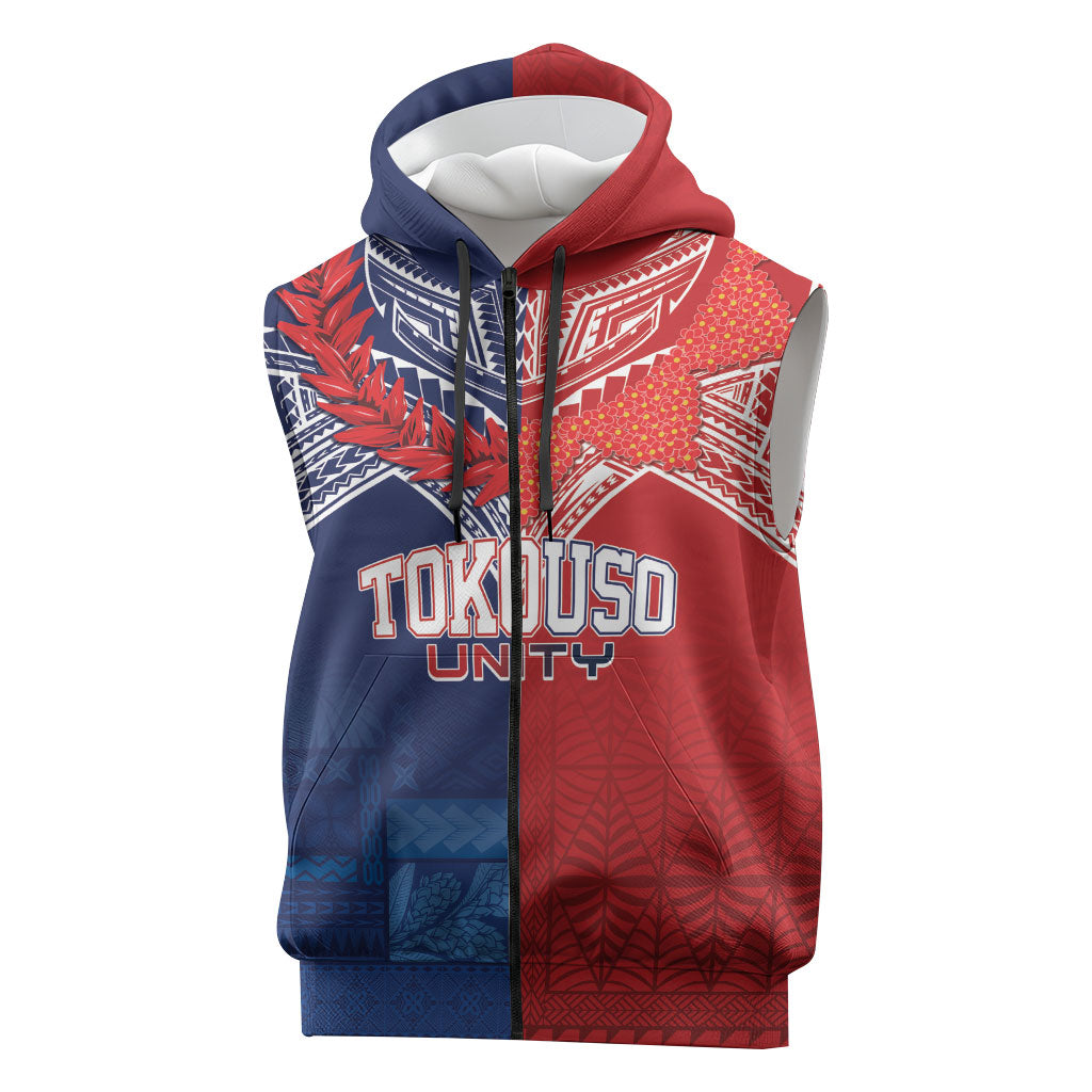 TokoUso Tonga Samoa Brothers Forever Custom Sleeveless Zip Hoodie Ulafala and Heilala Unity LT7 Red Blue - Polynesian Pride
