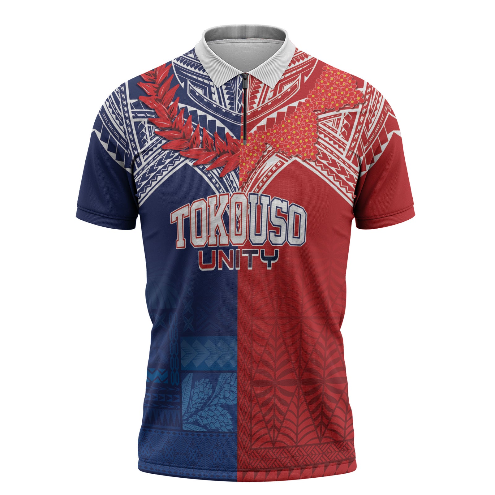 TokoUso Tonga Samoa Brothers Forever Custom Zipper Polo Shirt Ulafala and Heilala Unity LT7 Red Blue - Polynesian Pride