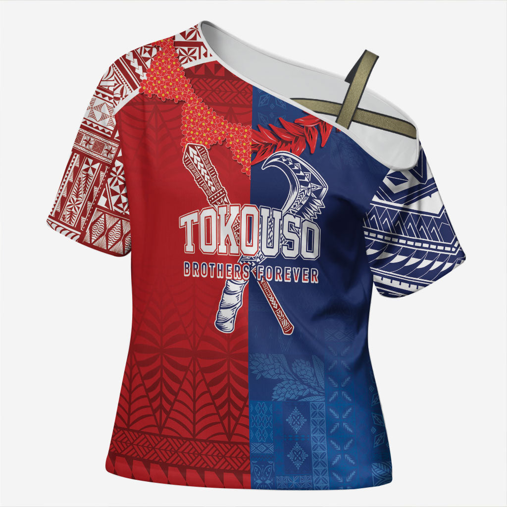 TokoUso Custom Tonga and Samoa Cross Shoulder Shirt Warriors War Clubs LT7 Female Blue Red - Polynesian Pride