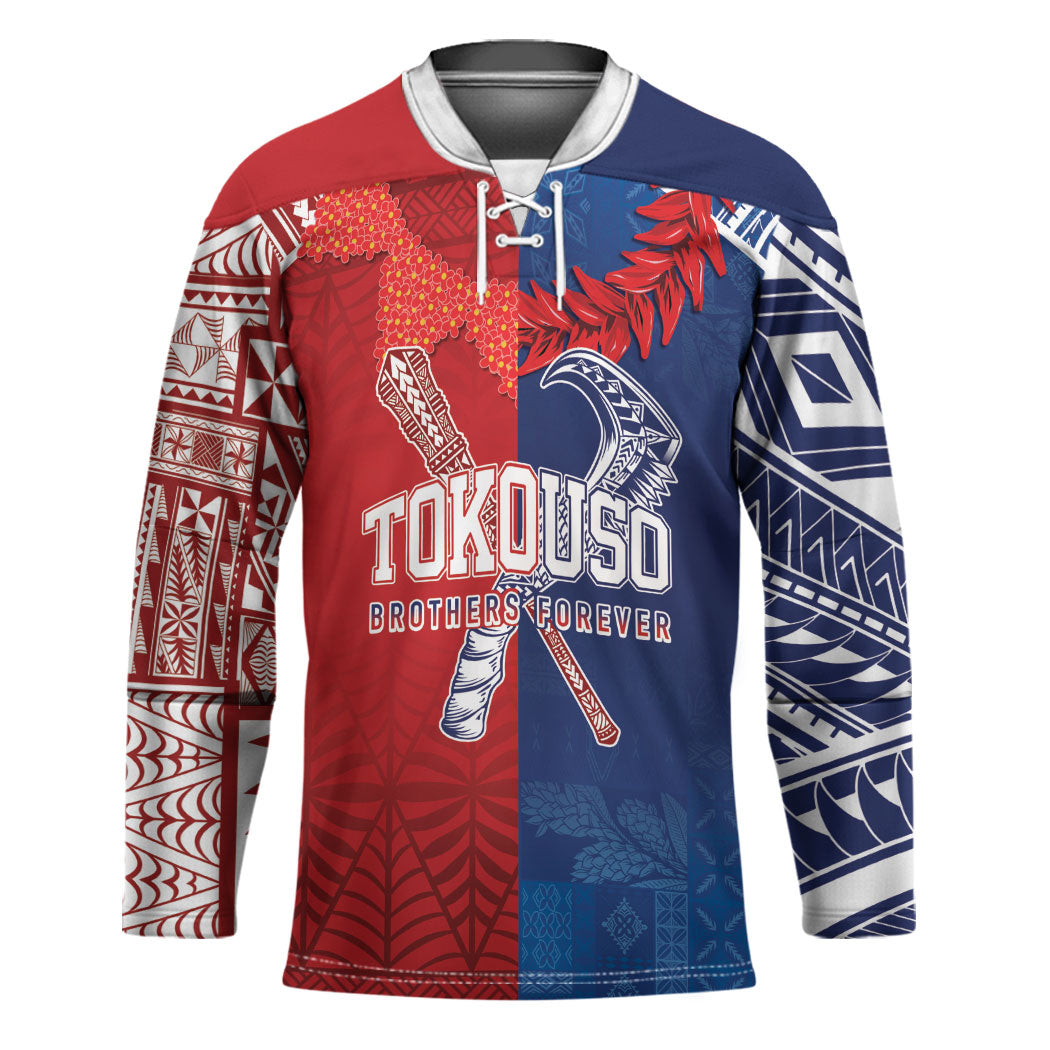 TokoUso Custom Tonga and Samoa Hockey Jersey Warriors War Clubs LT7 Unisex Blue Red - Polynesian Pride