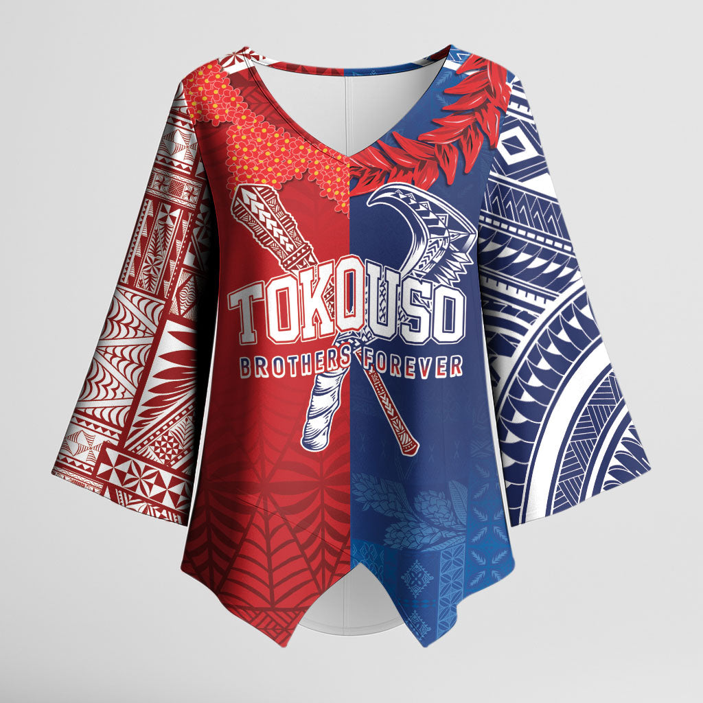 TokoUso Custom Tonga and Samoa Kimono Sleeve Blouse Warriors War Clubs LT7 Female Blue Red - Polynesian Pride