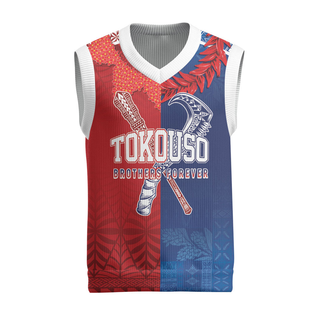 TokoUso Custom Tonga and Samoa Christmas Knitted V-Neck Vest Warriors War Clubs LT7 Blue Red - Polynesian Pride