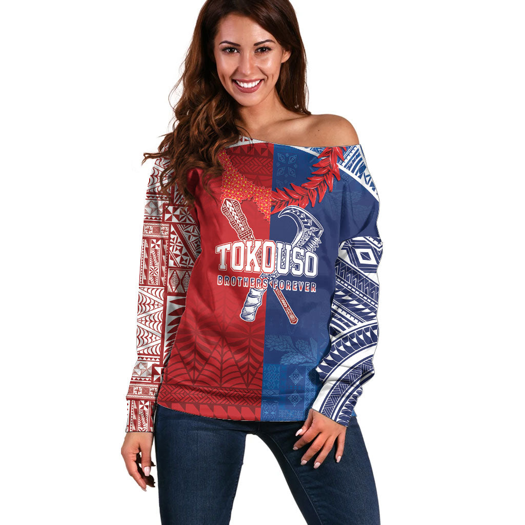 TokoUso Custom Tonga and Samoa Off Shoulder Sweater Warriors War Clubs LT7 Women Blue Red - Polynesian Pride