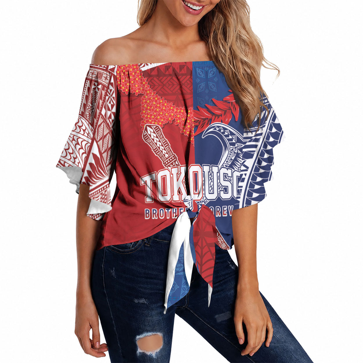 TokoUso Custom Tonga and Samoa Off Shoulder Wrap Waist Top Warriors War Clubs LT7 Blue Red - Polynesian Pride