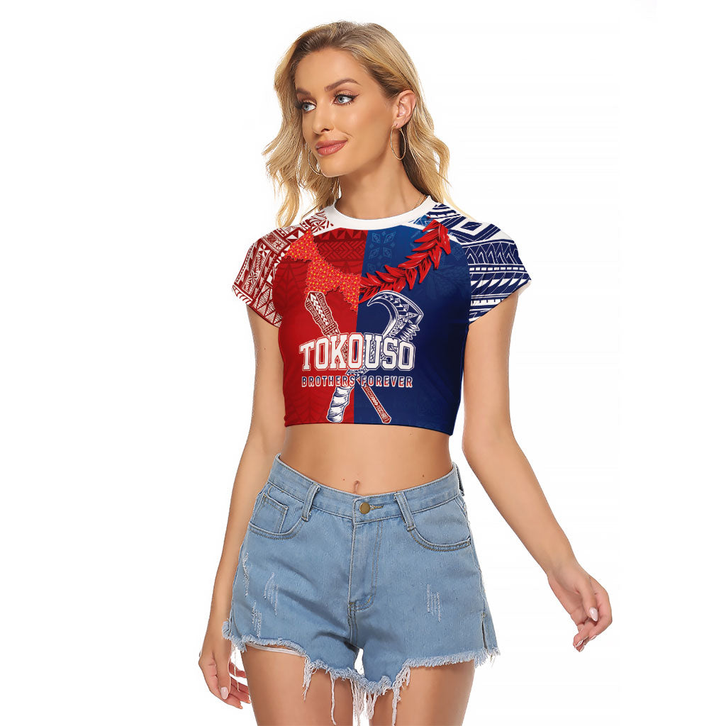 TokoUso Custom Tonga and Samoa Raglan Cropped T Shirt Warriors War Clubs LT7 Female Blue Red - Polynesian Pride