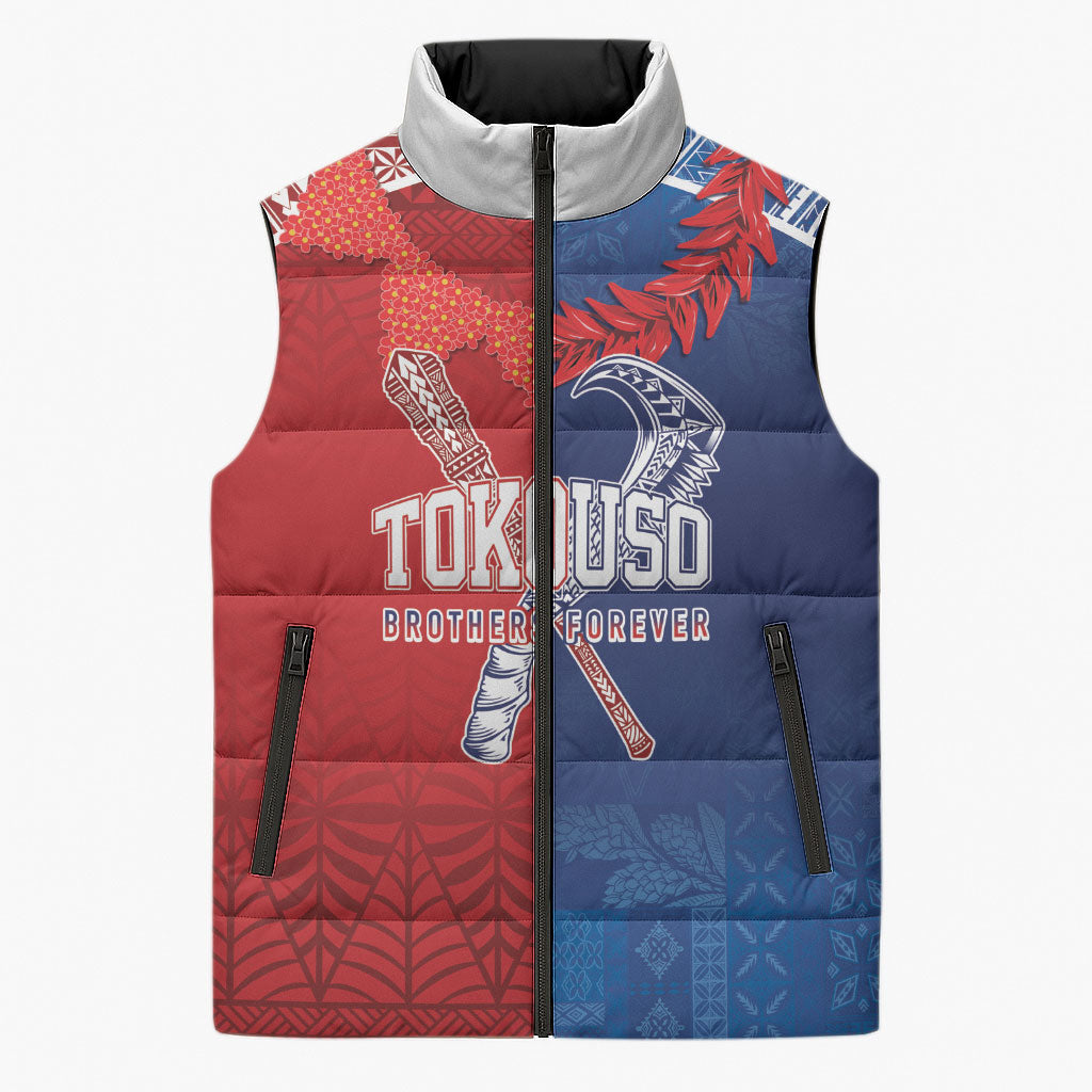 TokoUso Custom Tonga and Samoa Sleeveless Puffer Jacket Warriors War Clubs LT7 Unisex Blue Red - Polynesian Pride