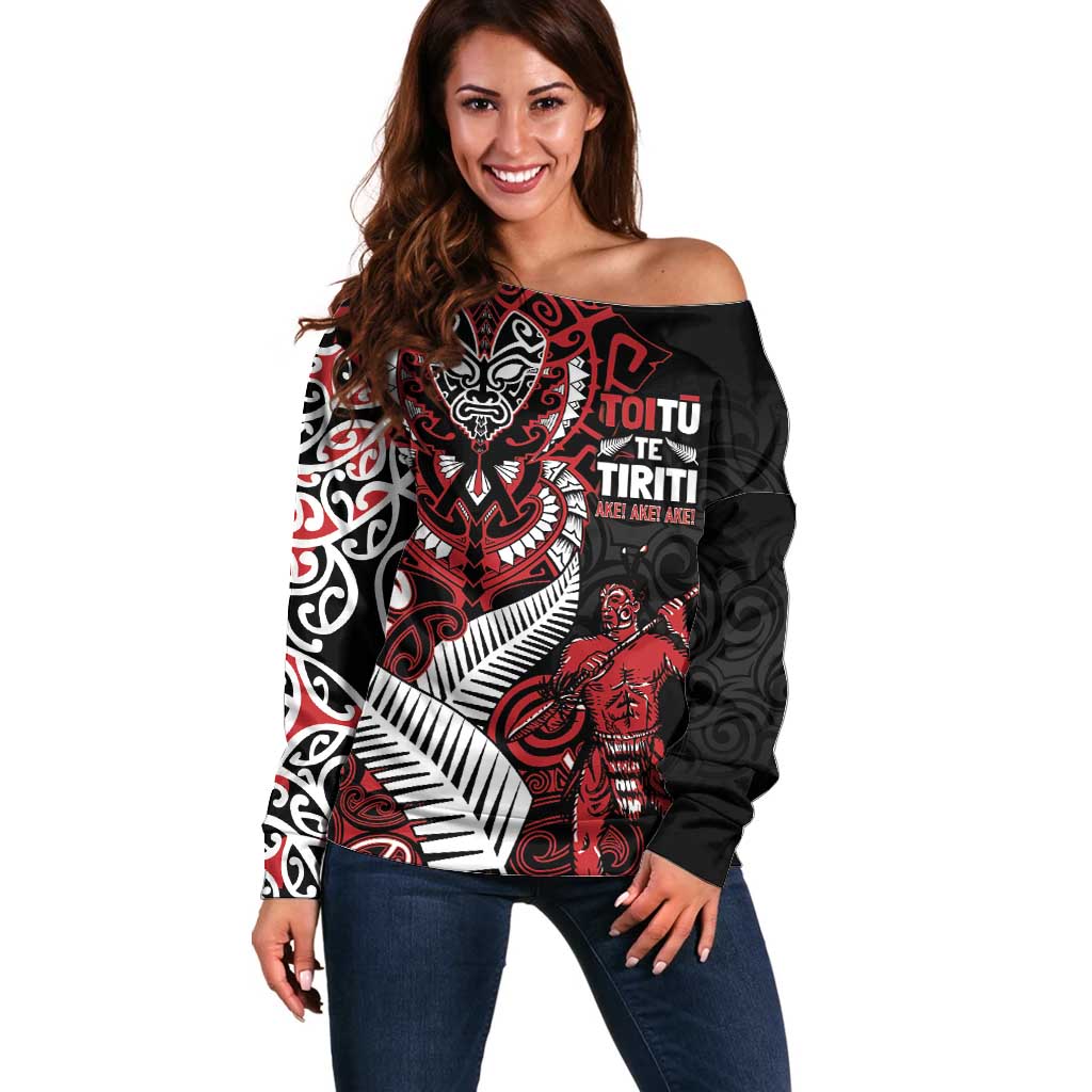Aotearoa Toitu Te Tiriti Off Shoulder Sweater Whakairo Wheku LT7 Women Black - Polynesian Pride