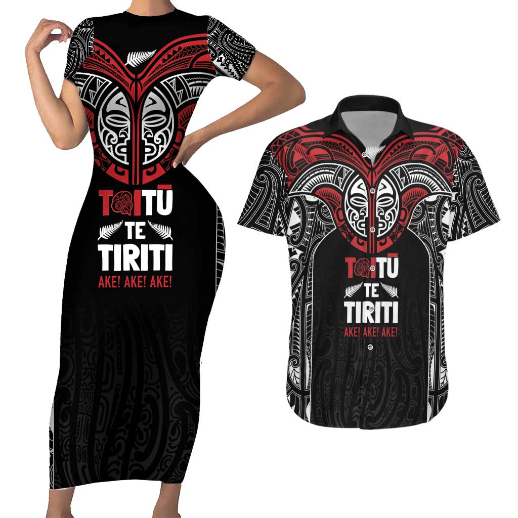 Aotearoa Maori Personalized Couples Matching Short Sleeve Bodycon Dress and Hawaiian Shirt Toitu Te Tiriti Ake! Ake! Ake!