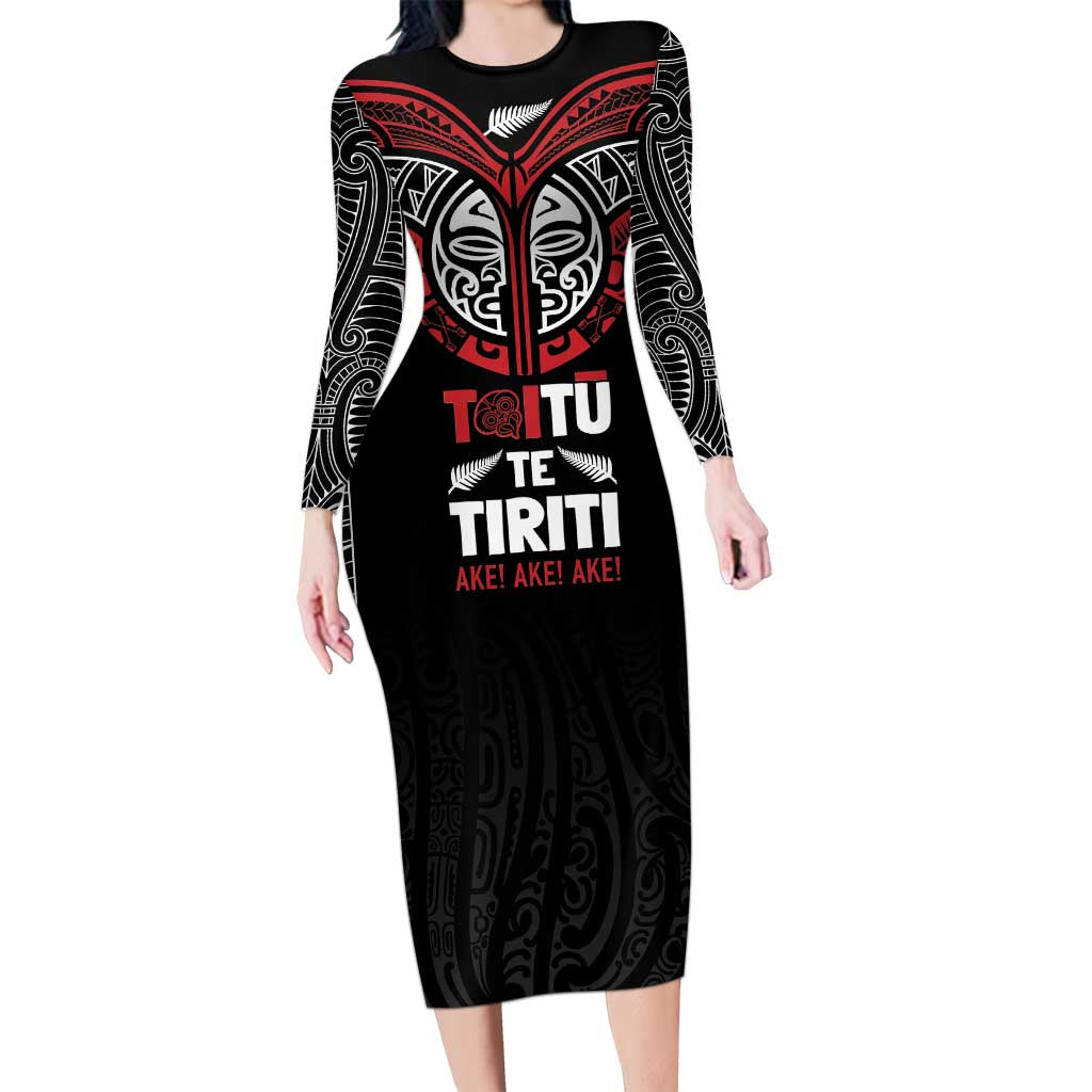Aotearoa Maori Personalized Long Sleeve Bodycon Dress Toitu Te Tiriti Ake! Ake! Ake! LT7 Long Dress Black - Polynesian Pride