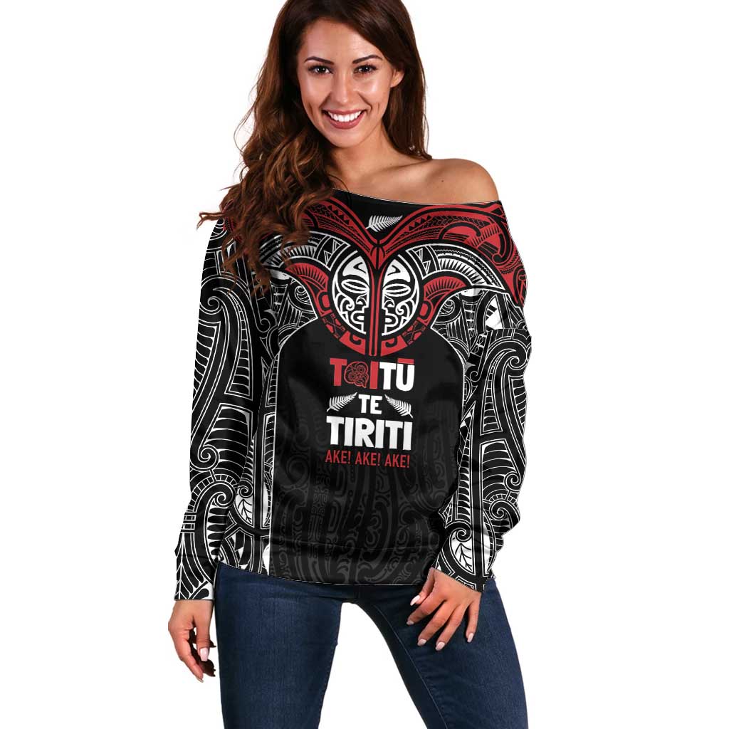 Aotearoa Maori Personalized Off Shoulder Sweater Toitu Te Tiriti Ake! Ake! Ake! LT7 Women Black - Polynesian Pride