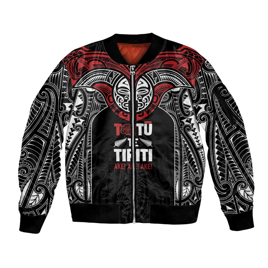Aotearoa Maori Personalized Sleeve Zip Bomber Jacket Toitu Te Tiriti Ake! Ake! Ake! LT7 Unisex Black - Polynesian Pride