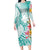 Polynesian Women's Day Wahine Family Matching Long Sleeve Bodycon Dress and Hawaiian Shirt Plumeria Marble Glaze - Teal LT7 Mom's Dress Teal - Polynesian Pride