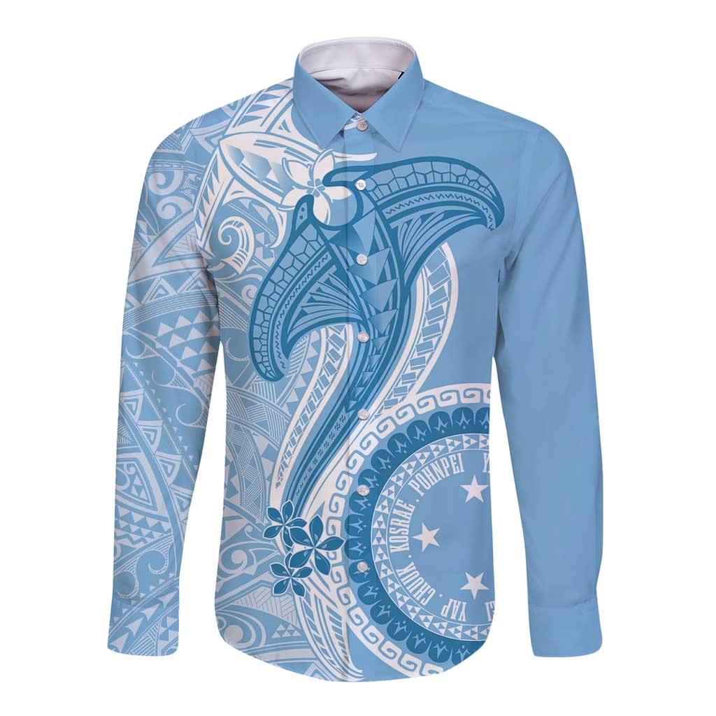 Micronesia FSM Long Sleeve Button Shirt Shark and Manta Classic Style LT7 Unisex Turquoise - Polynesian Pride