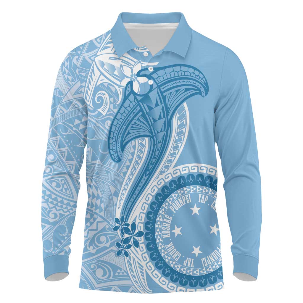 Micronesia FSM Long Sleeve Polo Shirt Shark and Manta Classic Style LT7 Turquoise - Polynesian Pride