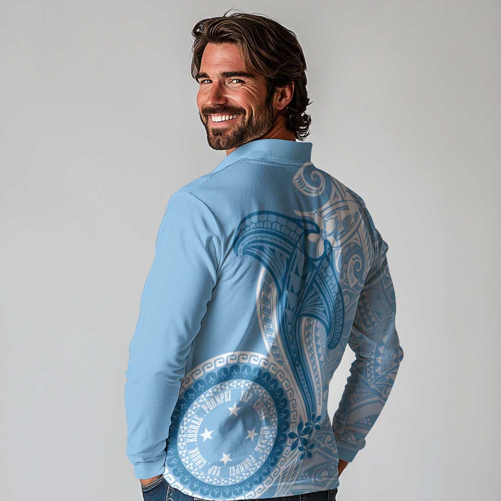 Micronesia FSM Long Sleeve Polo Shirt Shark and Manta Classic Style LT7 - Polynesian Pride