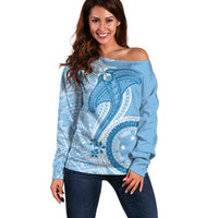 Micronesia FSM Off Shoulder Sweater Shark and Manta Classic Style LT7 Women Turquoise - Polynesian Pride