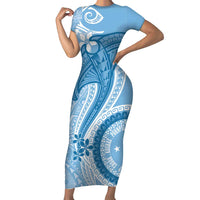Micronesia FSM Short Sleeve Bodycon Dress Shark and Manta Classic Style LT7 Long Dress Turquoise - Polynesian Pride