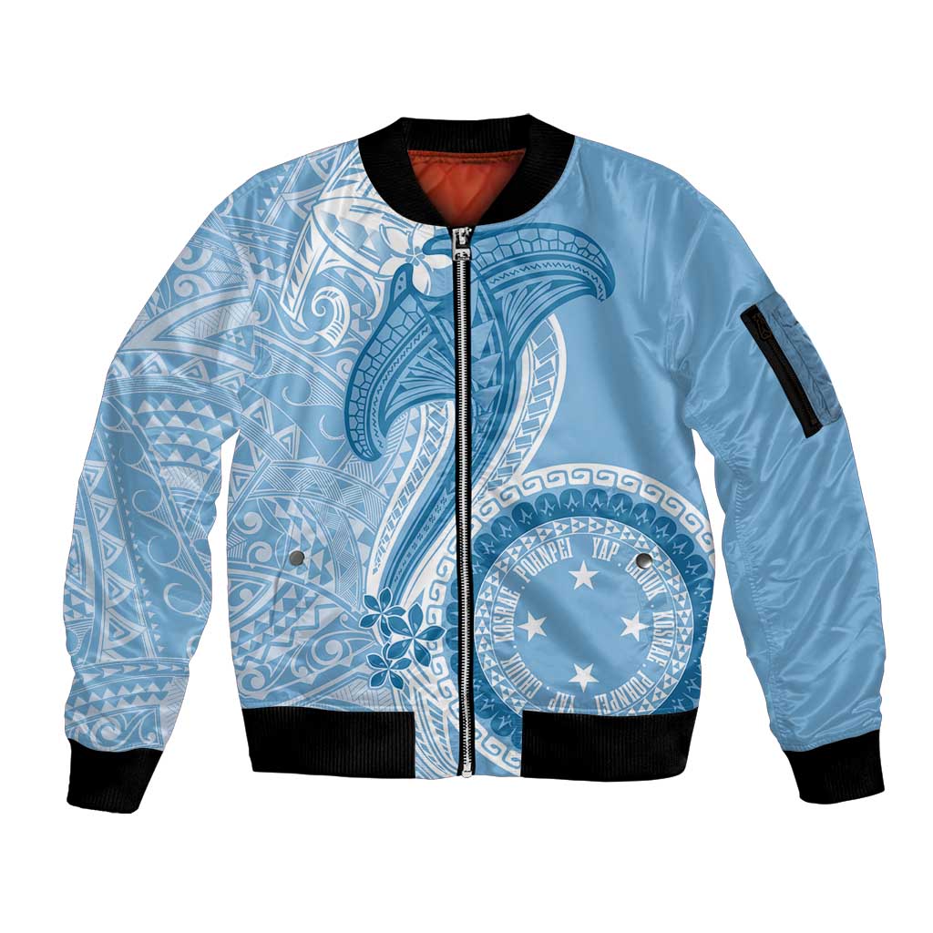 Micronesia FSM Sleeve Zip Bomber Jacket Shark and Manta Classic Style LT7 Unisex Turquoise - Polynesian Pride
