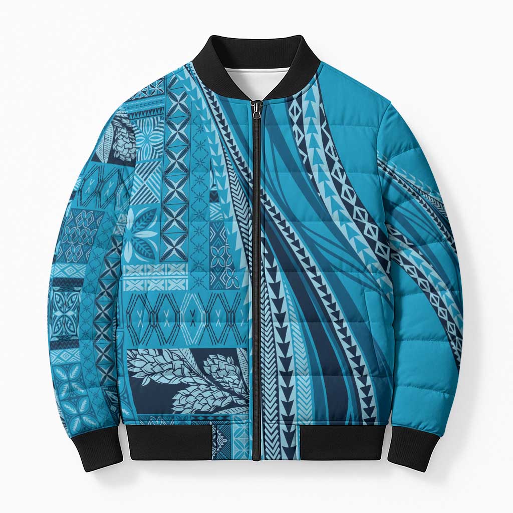 Pasifika Women's Day - Samoa Siapo Malu Tattoo Inspired Bomber Puffer Jacket Turquoise LT7 Unisex Turquoise - Polynesian Pride