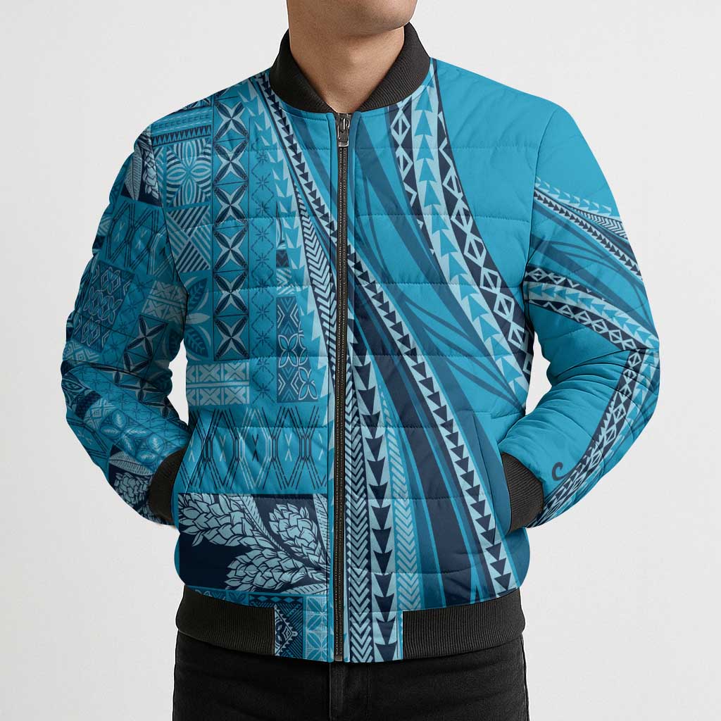 Pasifika Women's Day - Samoa Siapo Malu Tattoo Inspired Bomber Puffer Jacket Turquoise LT7 - Polynesian Pride