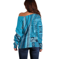 Pasifika Women's Day - Samoa Siapo Malu Tattoo Inspired Off Shoulder Sweater Turquoise LT7 - Polynesian Pride