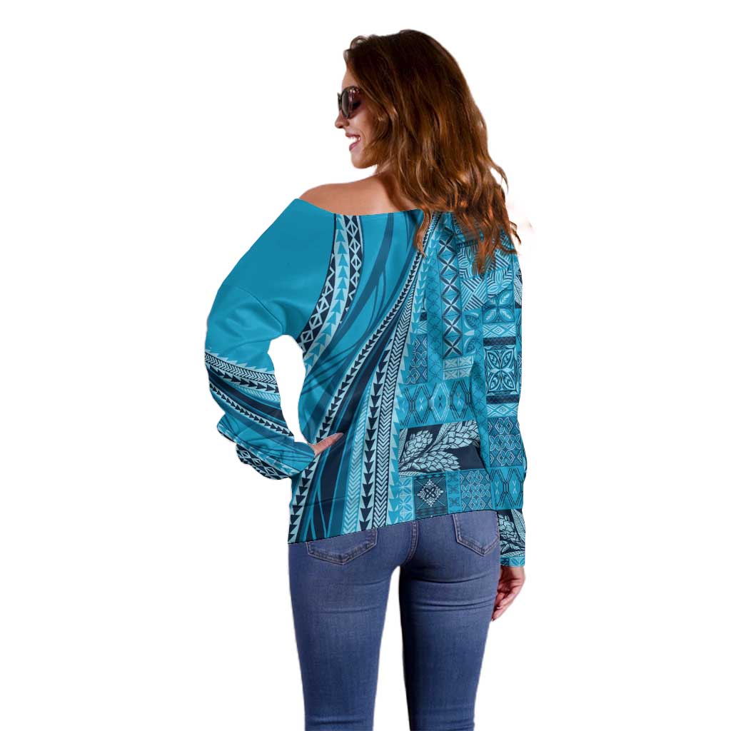 Pasifika Women's Day - Samoa Siapo Malu Tattoo Inspired Off Shoulder Sweater Turquoise LT7 - Polynesian Pride