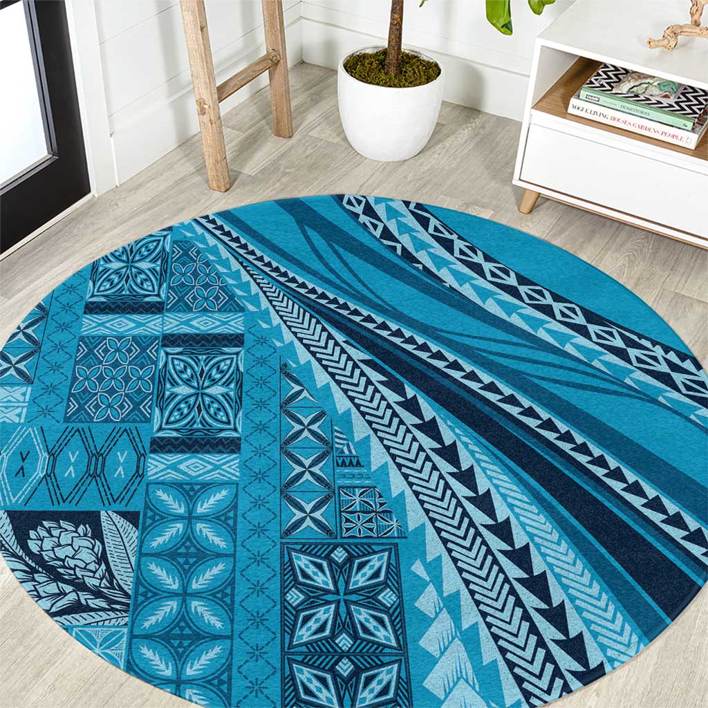Pasifika Women's Day - Samoa Siapo Malu Tattoo Inspired Round Carpet Turquoise LT7 Turquoise - Polynesian Pride