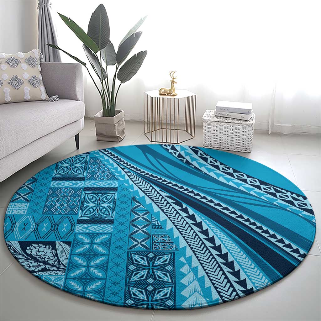 Pasifika Women's Day - Samoa Siapo Malu Tattoo Inspired Round Carpet Turquoise LT7 - Polynesian Pride