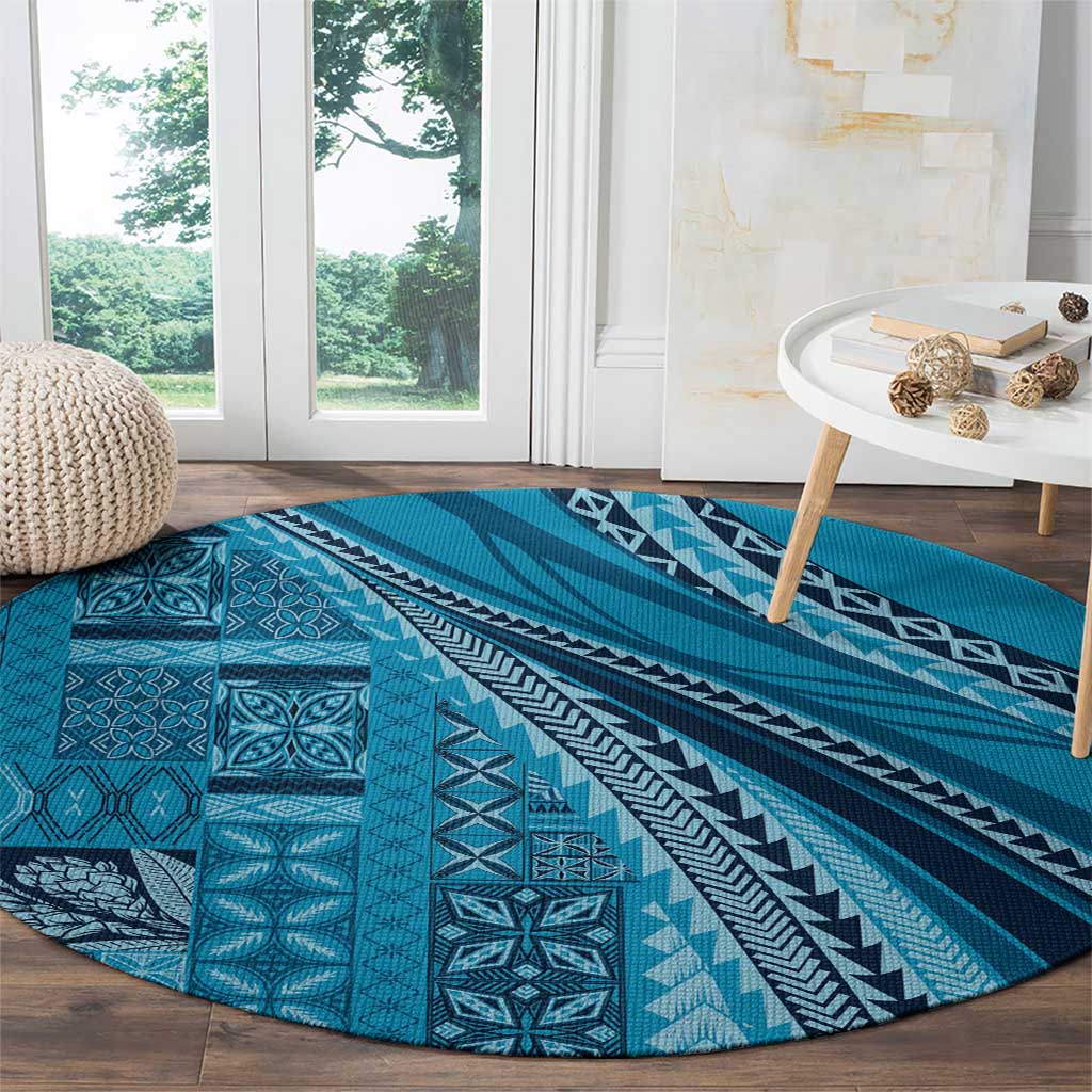 Pasifika Women's Day - Samoa Siapo Malu Tattoo Inspired Round Carpet Turquoise LT7 - Polynesian Pride