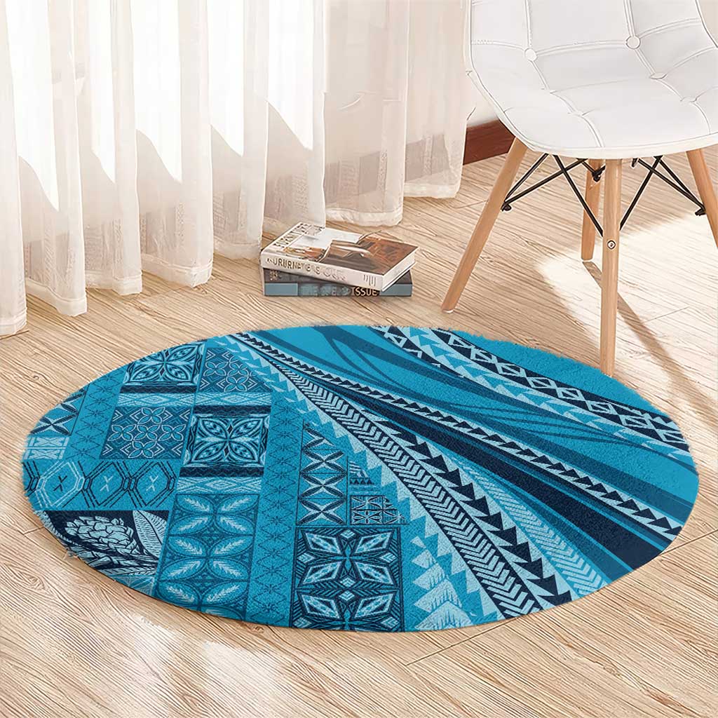Pasifika Women's Day - Samoa Siapo Malu Tattoo Inspired Round Carpet Turquoise LT7 - Polynesian Pride