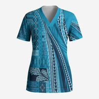 Pasifika Women's Day - Samoa Siapo Malu Tattoo Inspired Scrub Top Turquoise LT7 Adult Turquoise - Polynesian Pride