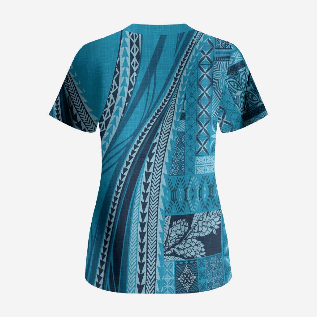 Pasifika Women's Day - Samoa Siapo Malu Tattoo Inspired Scrub Top Turquoise LT7 - Polynesian Pride