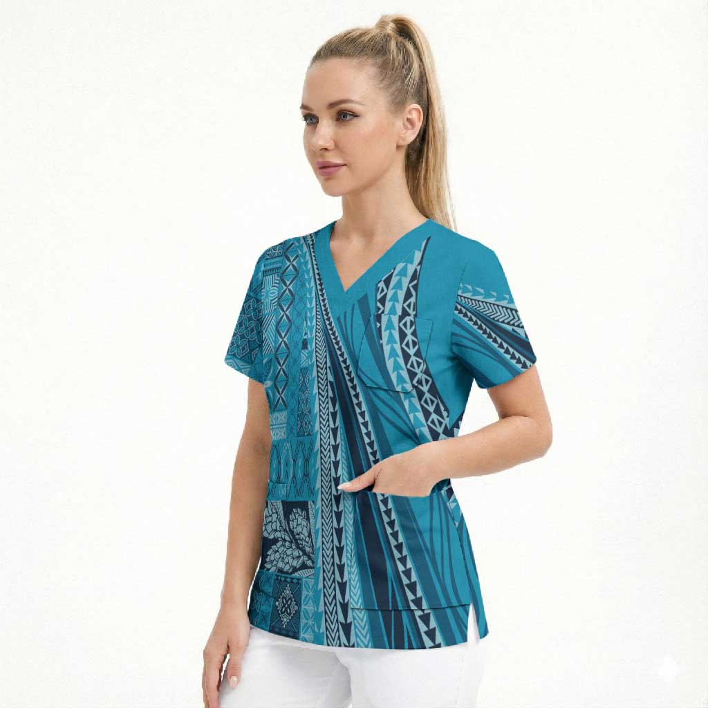 Pasifika Women's Day - Samoa Siapo Malu Tattoo Inspired Scrub Top Turquoise LT7 - Polynesian Pride