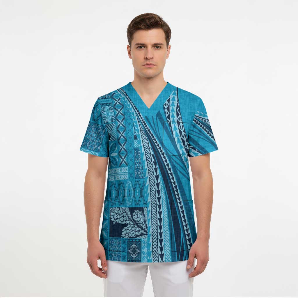 Pasifika Women's Day - Samoa Siapo Malu Tattoo Inspired Scrub Top Turquoise LT7 - Polynesian Pride