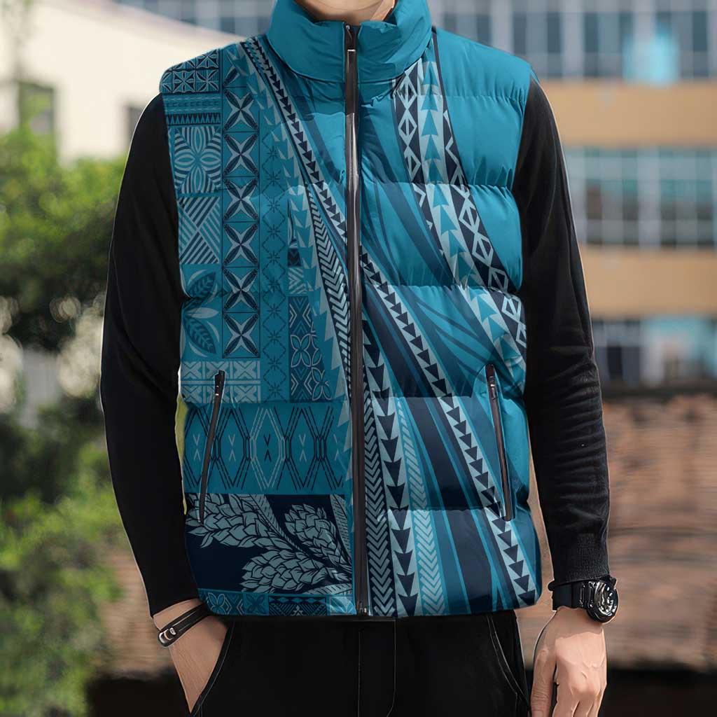 Pasifika Women's Day - Samoa Siapo Malu Tattoo Inspired Sleeveless Puffer Jacket Turquoise LT7 - Polynesian Pride