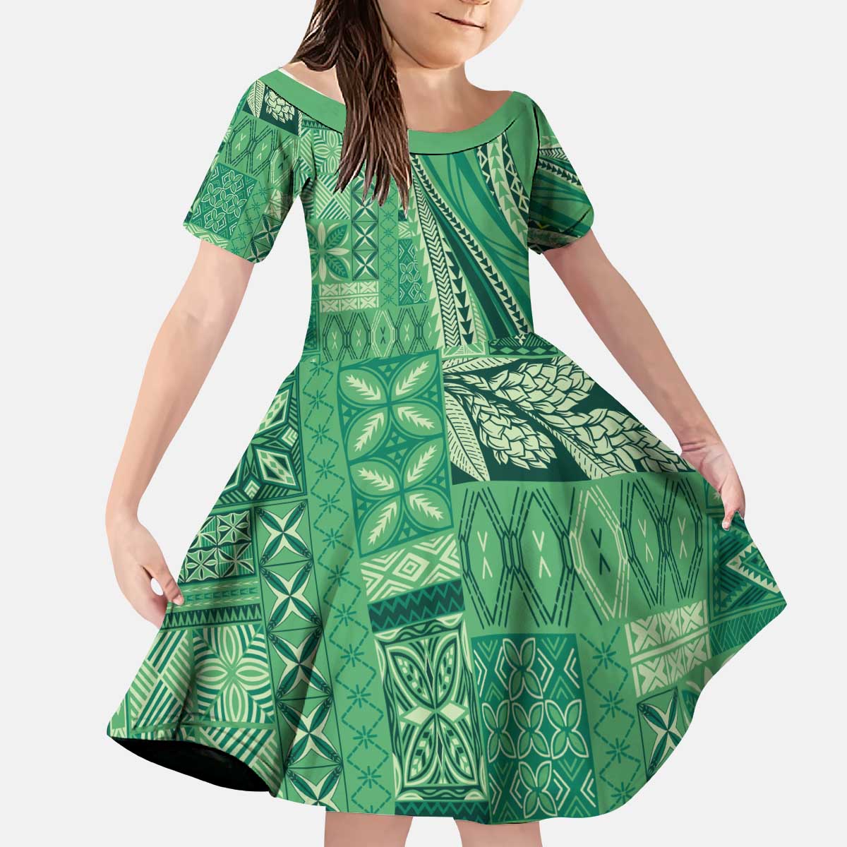 Pasifika Women's Day - Samoa Siapo Malu Tattoo Inspired Kid Short Sleeve Dress Jade LT7 KID Jade - Polynesian Pride