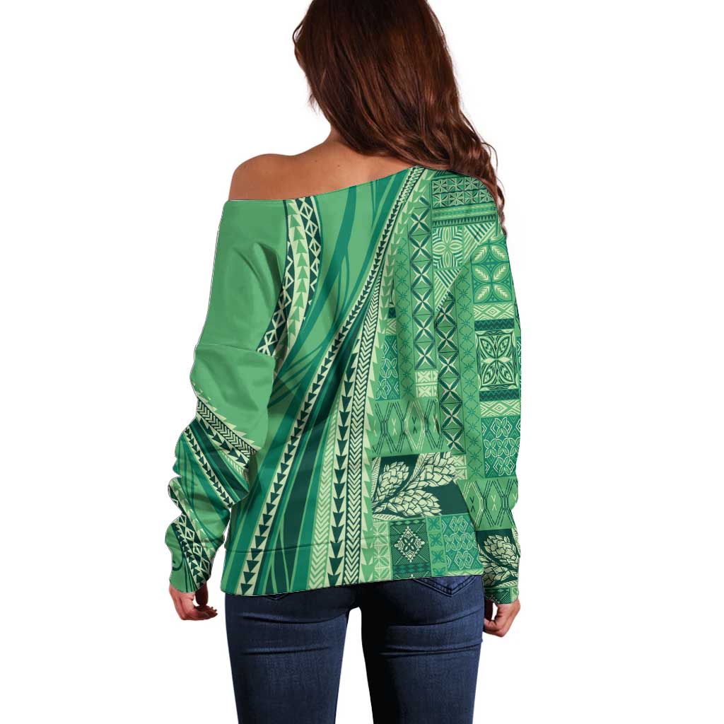 Pasifika Women's Day - Samoa Siapo Malu Tattoo Inspired Off Shoulder Sweater Jade LT7 - Polynesian Pride