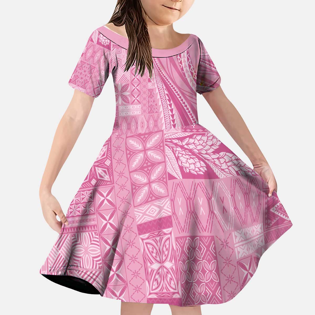 Pasifika Women's Day - Samoa Siapo Malu Tattoo Inspired Kid Short Sleeve Dress Pink LT7 KID Pink - Polynesian Pride