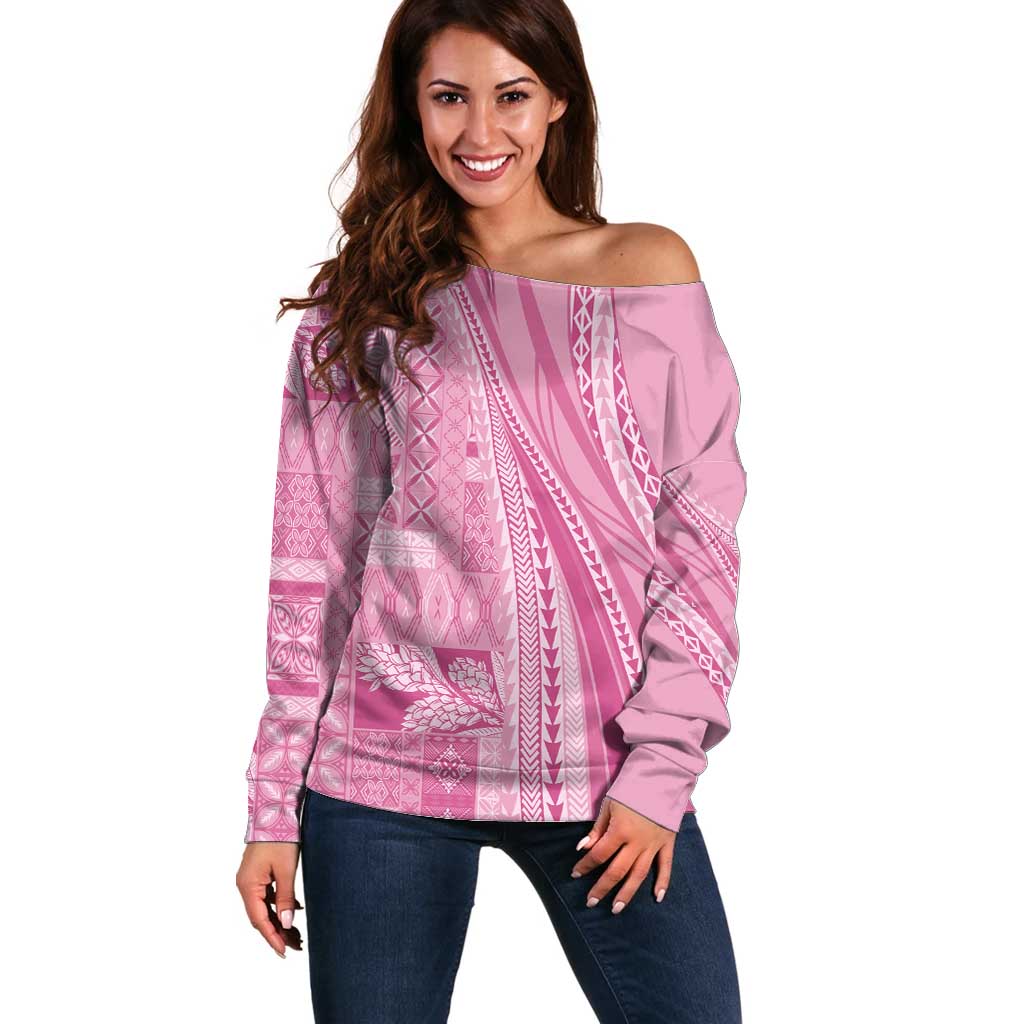Pasifika Women's Day - Samoa Siapo Malu Tattoo Inspired Off Shoulder Sweater Pink LT7 Women Pink - Polynesian Pride