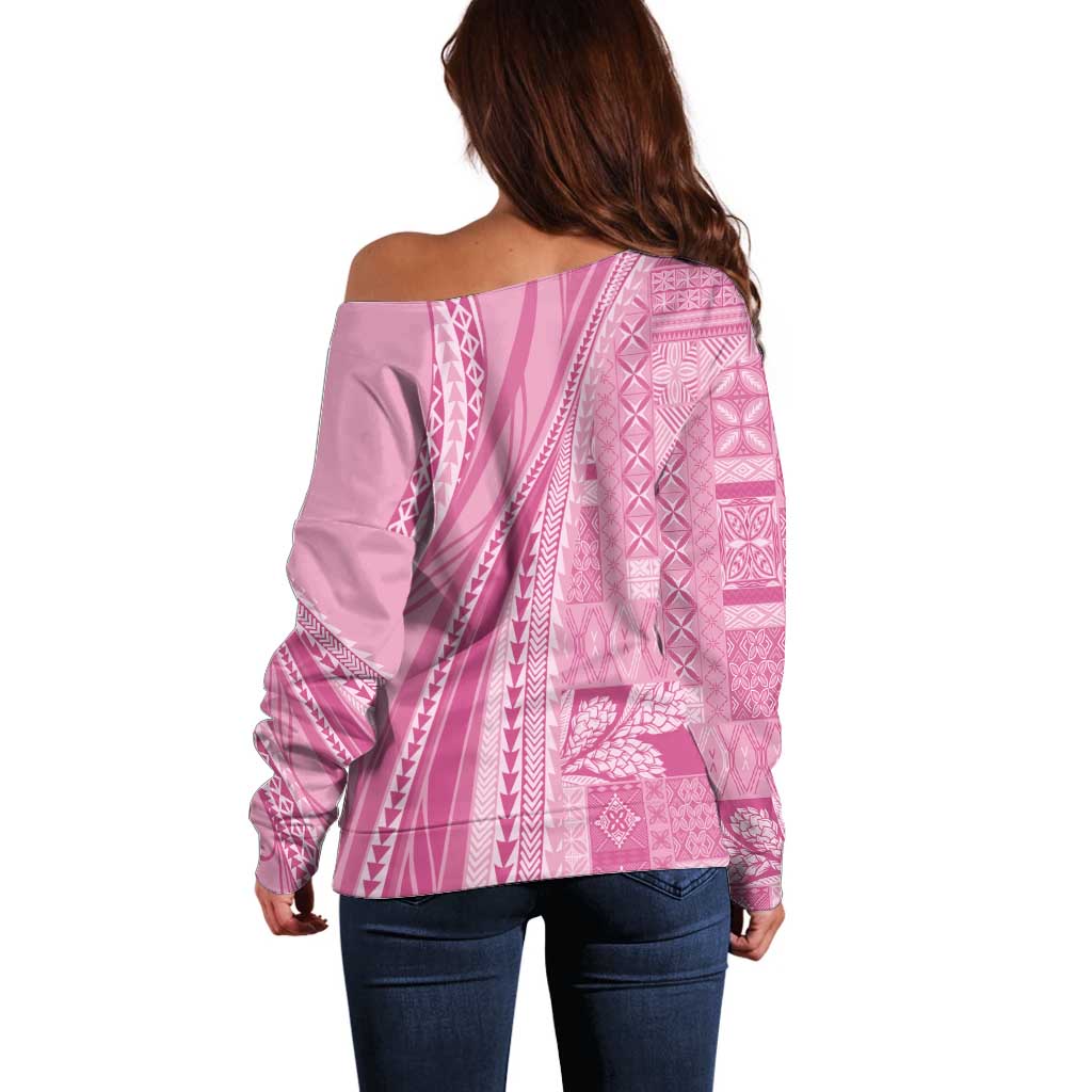 Pasifika Women's Day - Samoa Siapo Malu Tattoo Inspired Off Shoulder Sweater Pink LT7 - Polynesian Pride