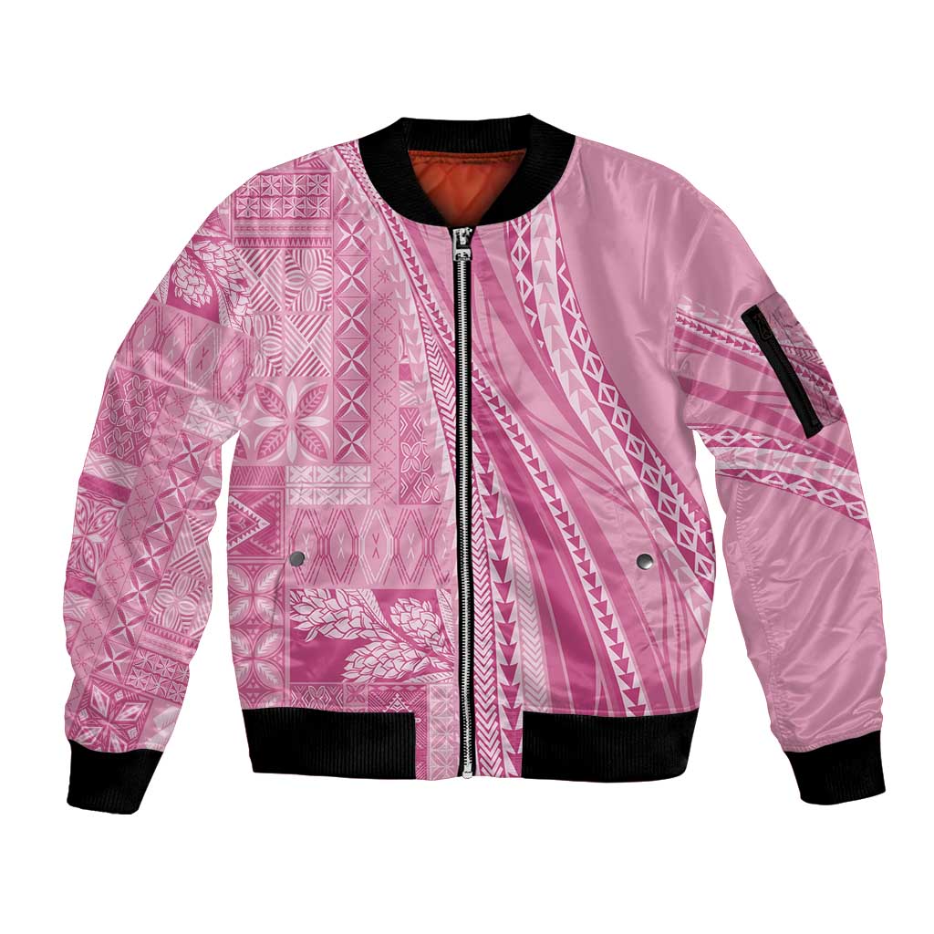 Pasifika Women's Day - Samoa Siapo Malu Tattoo Inspired Sleeve Zip Bomber Jacket Pink LT7 Unisex Pink - Polynesian Pride