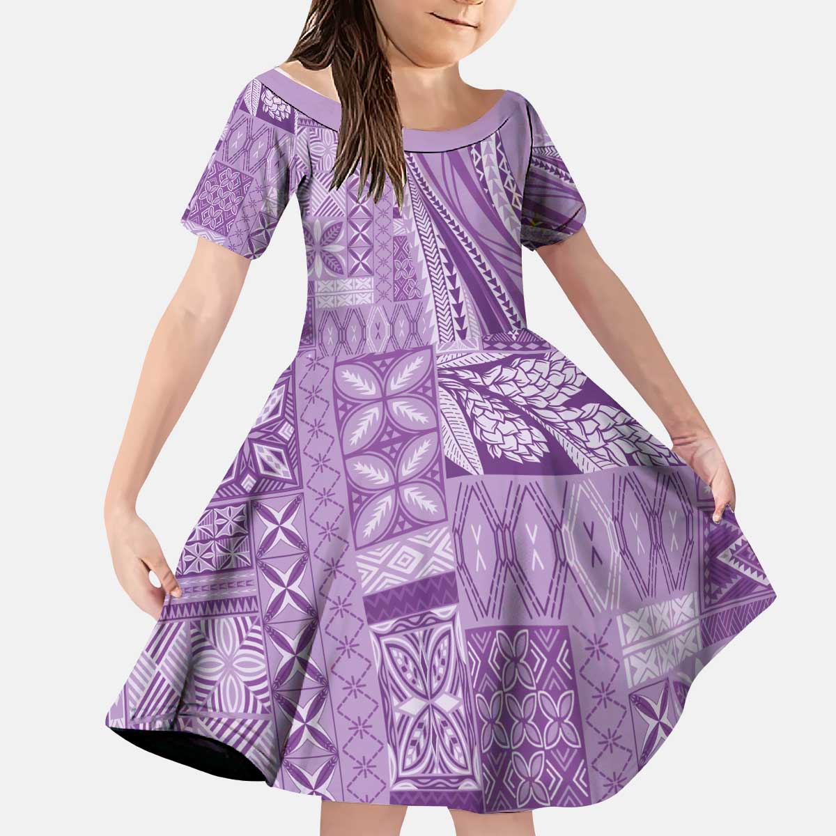 Pasifika Women's Day - Samoa Siapo Malu Tattoo Inspired Kid Short Sleeve Dress Lavender LT7 KID Lavender - Polynesian Pride