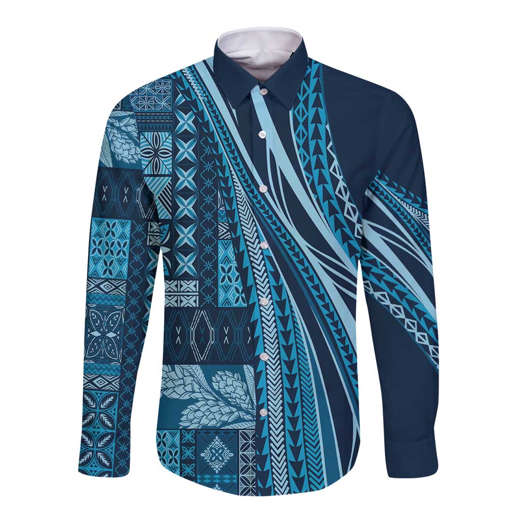 Pasifika Women's Day - Samoa Siapo Malu Tattoo Inspired Long Sleeve Button Shirt Navy Blue LT7 Unisex Navy Blue - Polynesian Pride