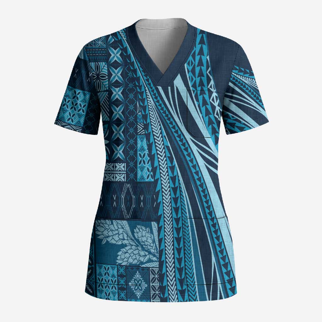 Pasifika Women's Day - Samoa Siapo Malu Tattoo Inspired Scrub Top Navy Blue LT7 Adult Navy Blue - Polynesian Pride